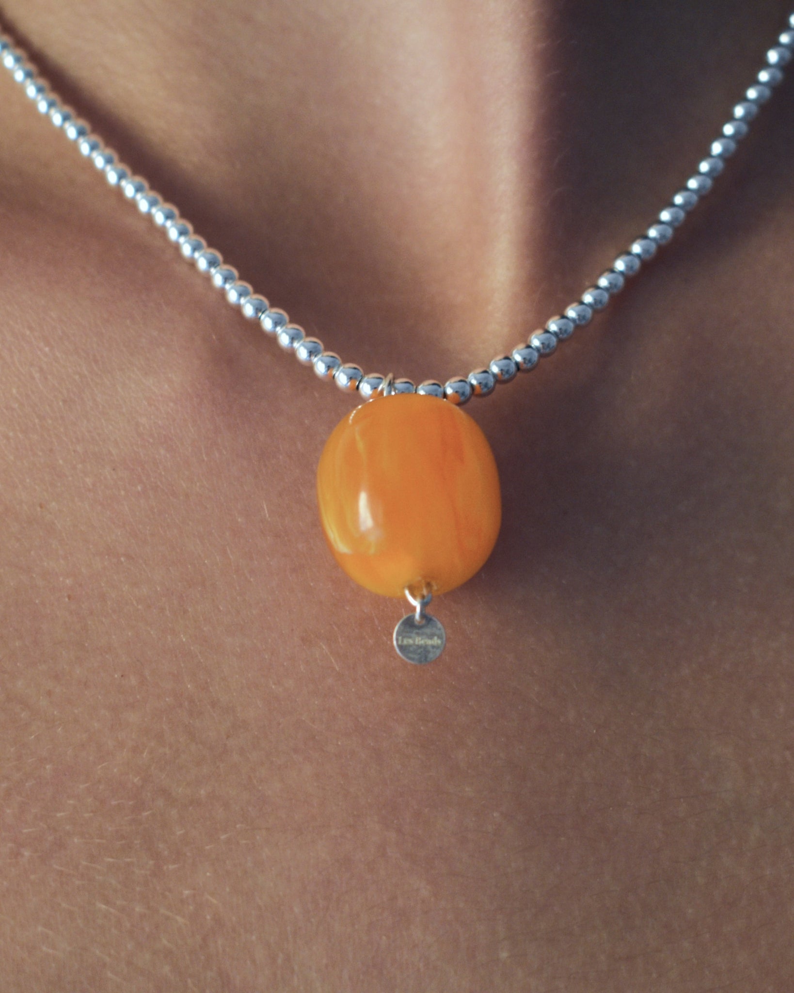 Ambelau Silver Beads Necklace Amber Pendant